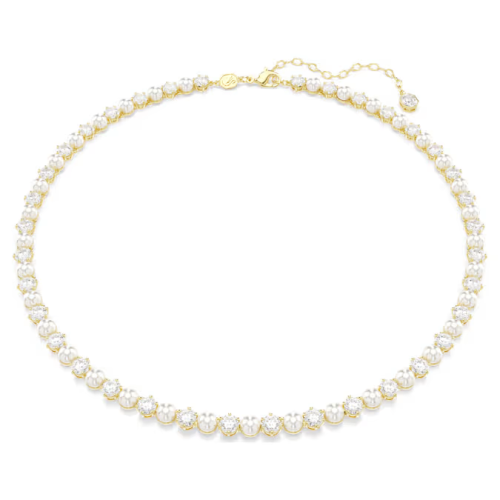 Matrix Tennis necklace Crystal pearl, Round cut, White, Gold-tone plated