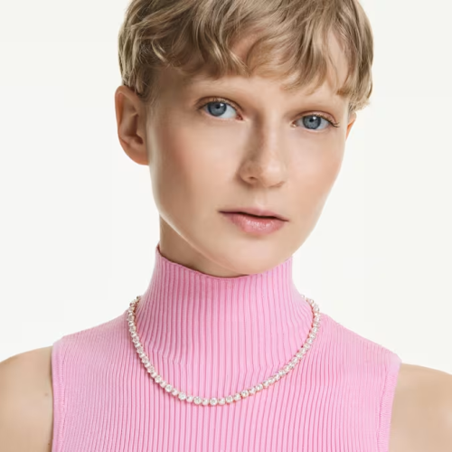 Matrix Tennis necklace Crystal pearl, Round cut, White, Gold-tone plated