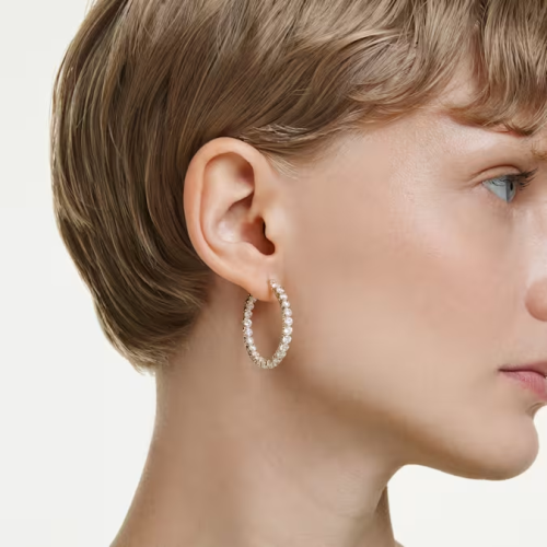 Matrix hoop earrings Round cut, White, Gold-tone plated