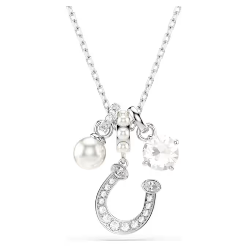 Symbolica pendant Crystal pearl, Round cut, Pavé, Horse shoe, White, Rhodium plated