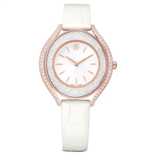 Crystalline aura watch Swiss Made, Leather strap, White, Rose gold-tone finish