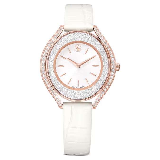 Crystalline aura watch Swiss Made, Leather strap, White, Rose gold-tone finish