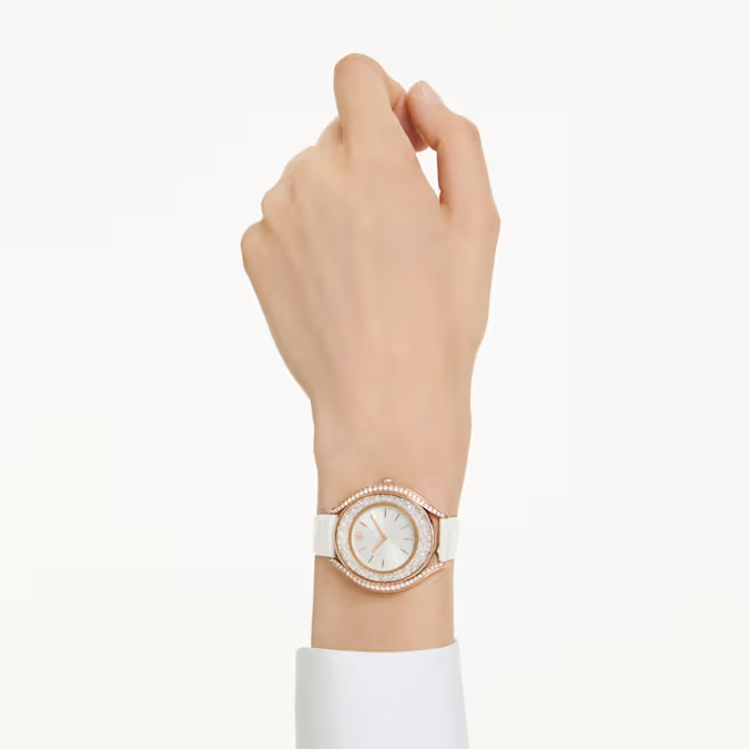 Crystalline aura watch Swiss Made, Leather strap, White, Rose gold-tone finish