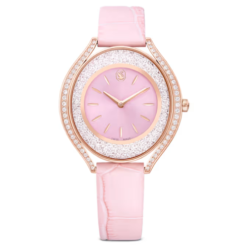 Crystalline aura watch Swiss Made, Leather strap, Pink, Rose gold-tone finish
