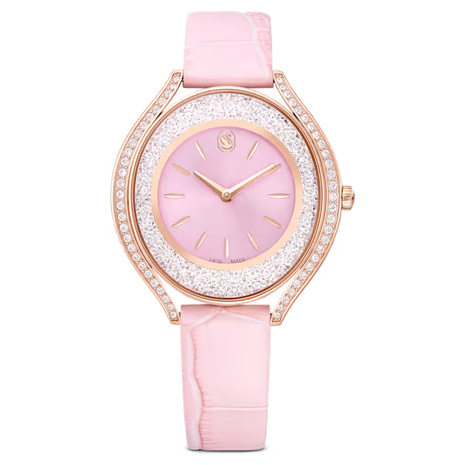 Crystalline aura watch Swiss Made, Leather strap, Pink, Rose gold-tone finish