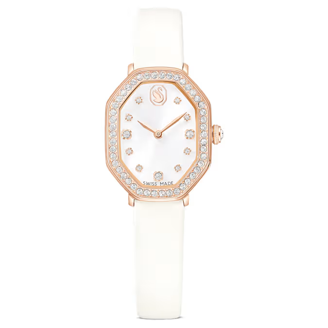 Dextera octagon watch Swiss Made, Leather strap, White, Rose gold-tone finish