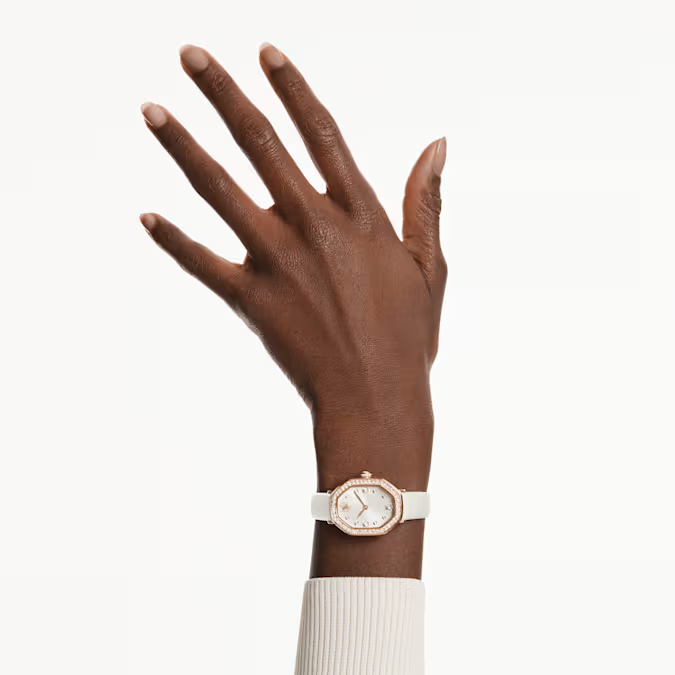 Dextera octagon watch Swiss Made, Leather strap, White, Rose gold-tone finish