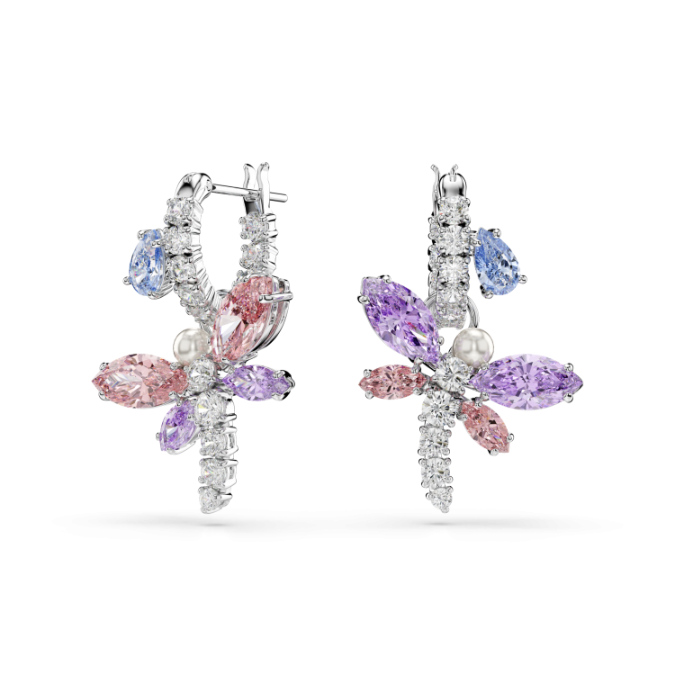Ariana Grande x Swarovski drop earrings, Mixed cuts, Dragonfly, Multicolored, Rhodium plated
