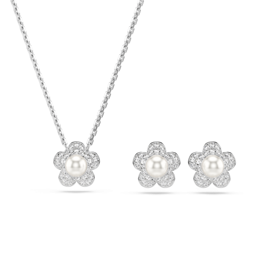Ariana Grande x Swarovski set, Crystal pearl, Round cut, Flower, White, Rhodium plated
