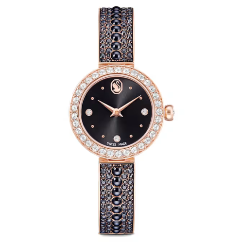 Matrix pearl bangle watch Swiss Made, Crystal bracelet, Black, Rose gold-tone finish