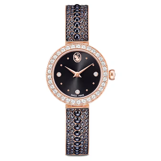 Matrix pearl bangle watch Swiss Made, Crystal bracelet, Black, Rose gold-tone finish