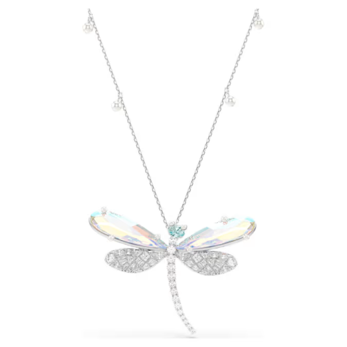 Ariana Grande x Swarovski pendant and brooch Crystal Pearl, Mixed cuts, Dragonfly, White, Rhodium plated