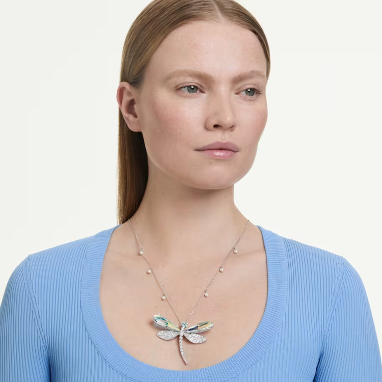 Ariana Grande x Swarovski pendant and brooch Crystal Pearl, Mixed cuts, Dragonfly, White, Rhodium plated