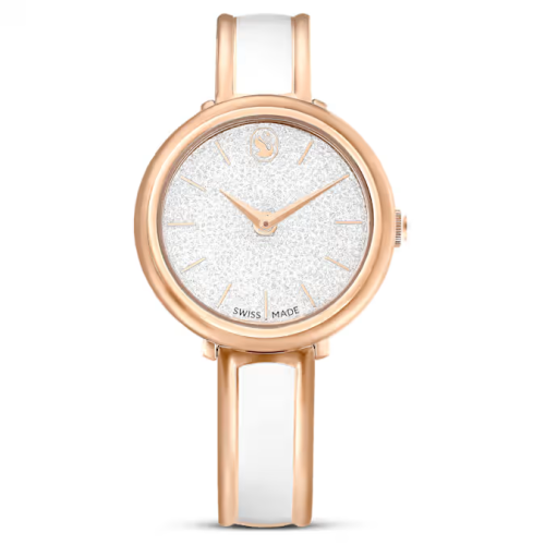 Crystalline bangle watch Swiss Made, Metal bracelet, White, Rose gold-tone finish