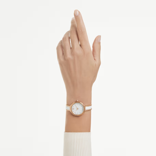 Crystalline bangle watch Swiss Made, Metal bracelet, White, Rose gold-tone finish