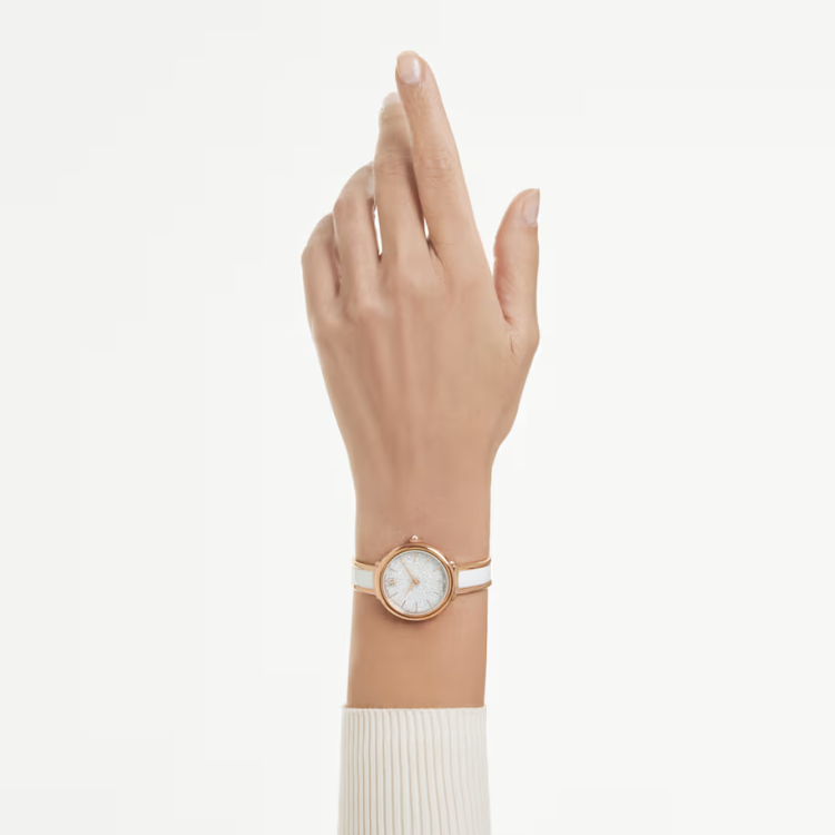 Crystalline bangle watch Swiss Made, Metal bracelet, White, Rose gold-tone finish