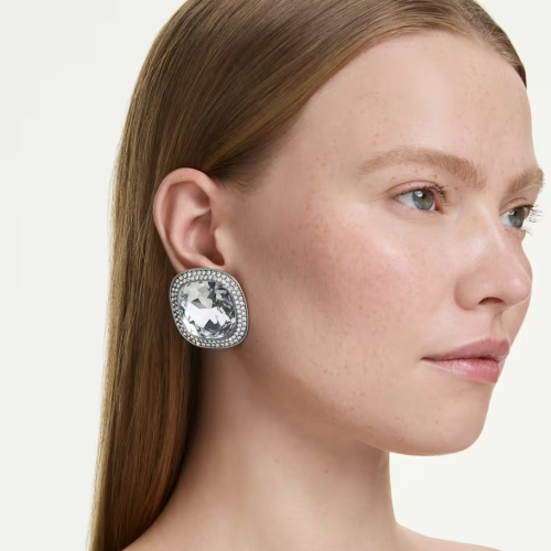 Una Angelic clip earrings Cushion cut, White, Ruthenium plated