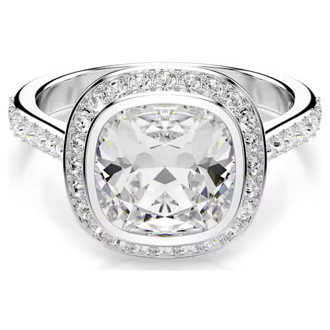 Una Angelic halo ring Cushion cut, White, Rhodium plated