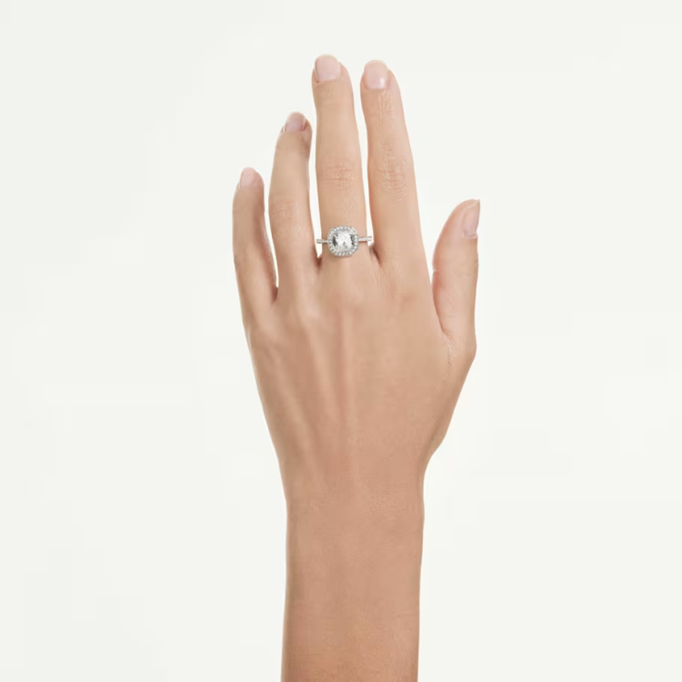 Una Angelic halo ring Cushion cut, White, Rhodium plated