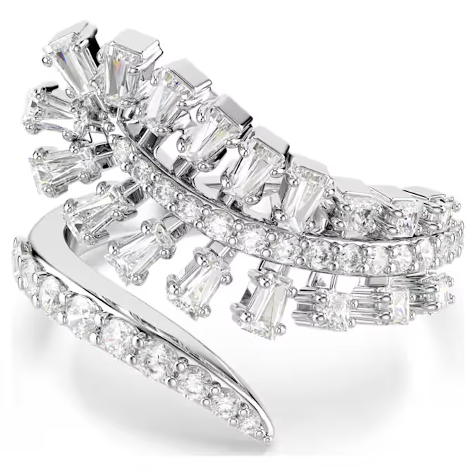 Vienna open ring Mixed cuts, Feather, White, Rhodium plated