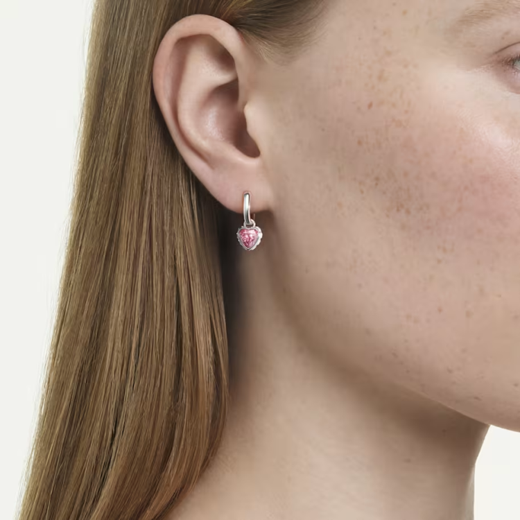 Chroma drop earrings Heart, Pink, Rhodium plated