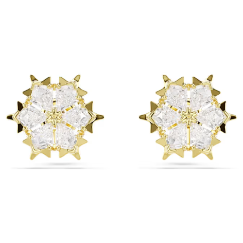 Magic stud earrings Mixed cuts, Snowflake, White, 18K gold finish