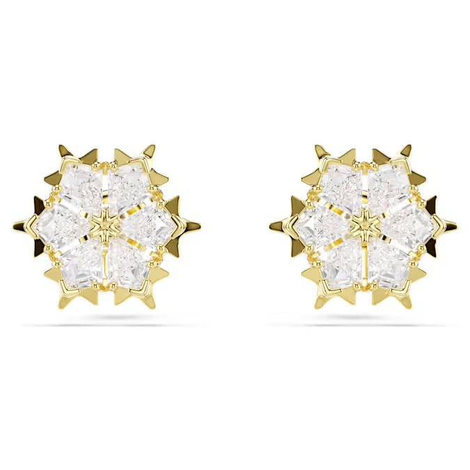 Magic stud earrings Mixed cuts, Snowflake, White, 18K gold finish