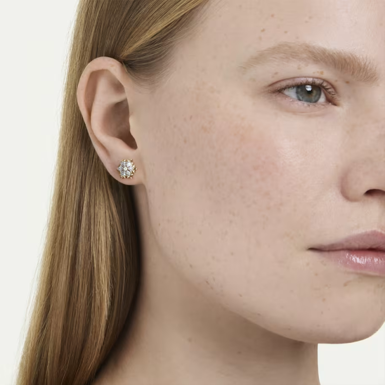 Magic stud earrings Mixed cuts, Snowflake, White, 18K gold finish
