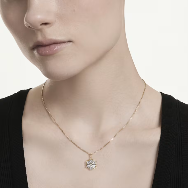 Magic pendant Mixed cuts, Snowflake, White, 18K gold finish