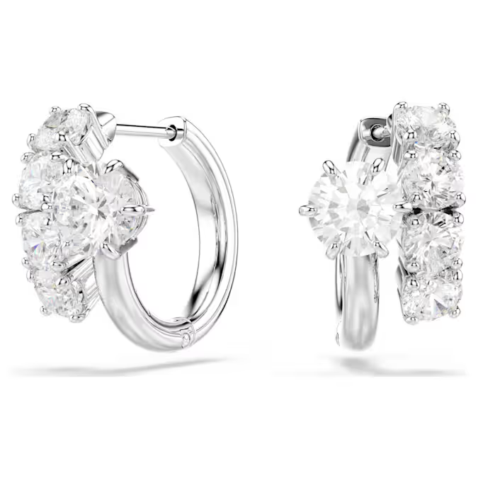 Matrix hoop earrings Round cut, White, Rhodium plated