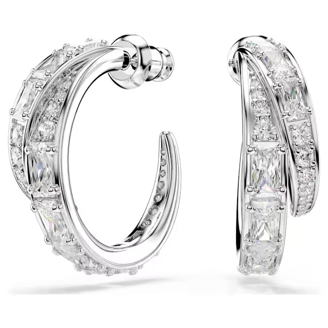 Vienna hoop earrings Mixed cuts, White, Rhodium plated