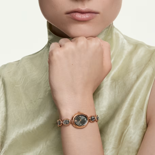 Imber oval watch Swiss Made, Metal bracelet, Black, Rose gold-tone finish