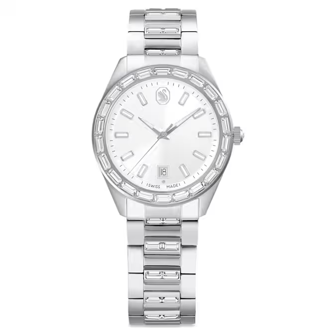 Matrix date watch Swiss Made, Metal bracelet, Silver tone, Stainless steel