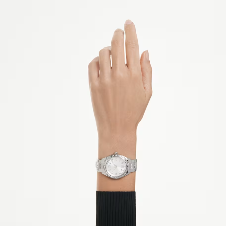 Matrix date watch Swiss Made, Metal bracelet, Silver tone, Stainless steel