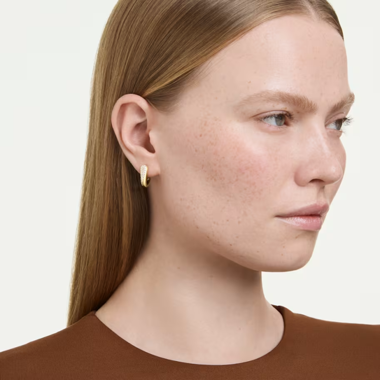 Classica hoop earrings Round cut, White, Sterling silver, 18K gold finish