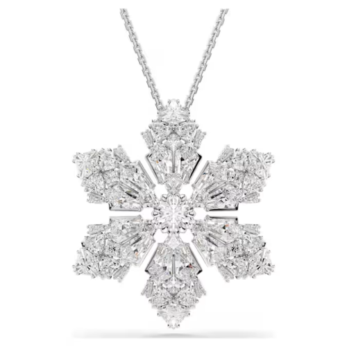 Idyllia pendant and brooch Mixed cuts, Snowflake, White, Rhodium plated