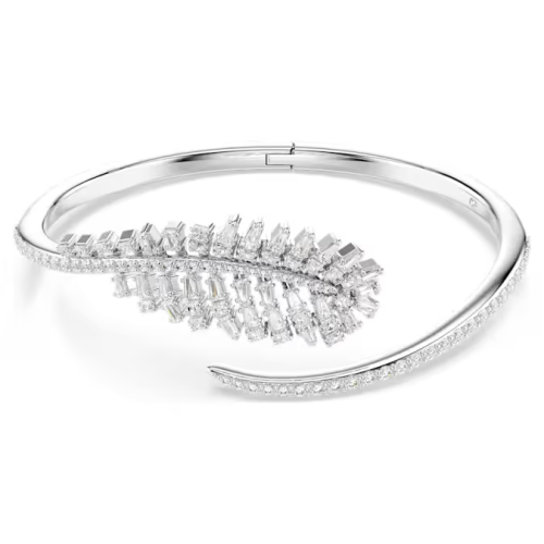 Vienna bangle Mixed cuts, Feather, White, Rhodium plated