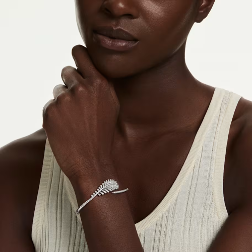 Vienna bangle Mixed cuts, Feather, White, Rhodium plated