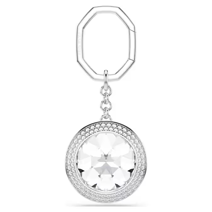 Bag charm Round cut, White, Rhodium plated