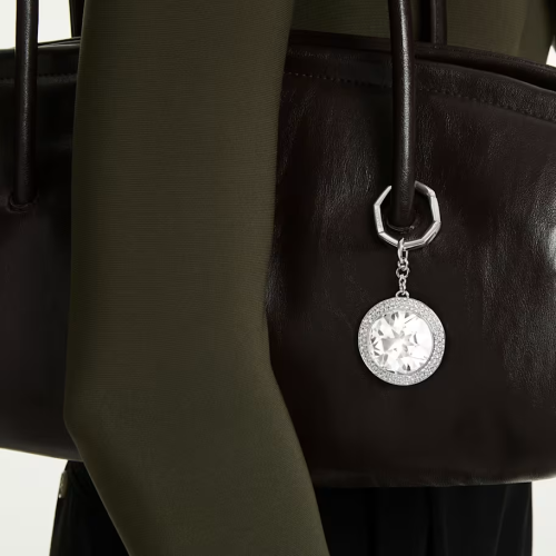 Bag charm Round cut, White, Rhodium plated