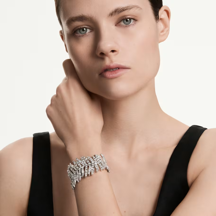 Vienna bracelet Mixed cuts, Feather, White, Rhodium plated