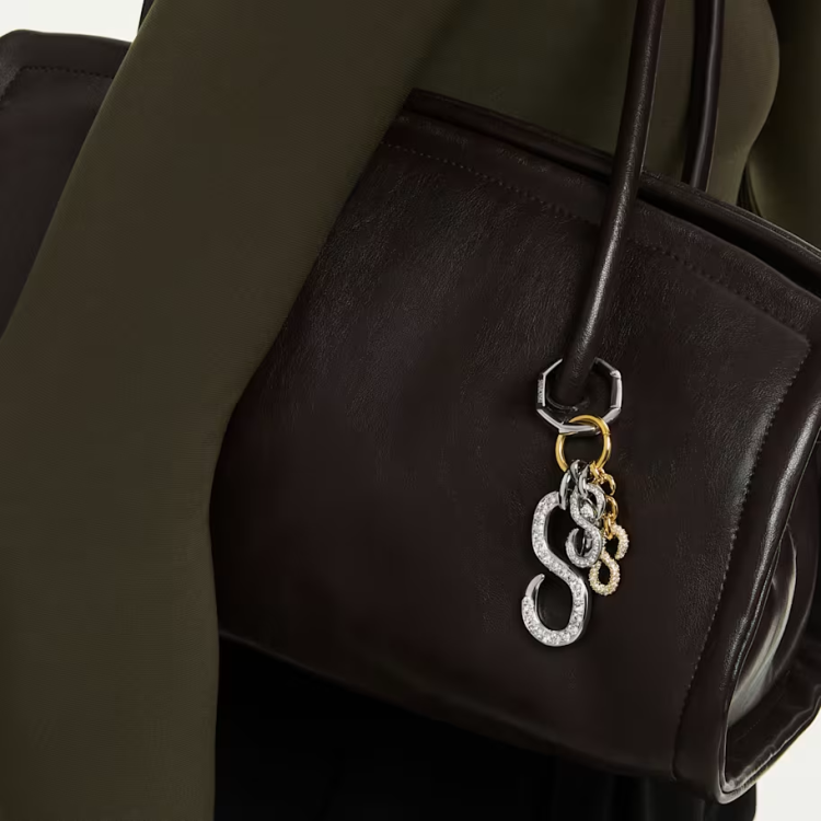Bag charm Round cut, White, Mixed metal finish