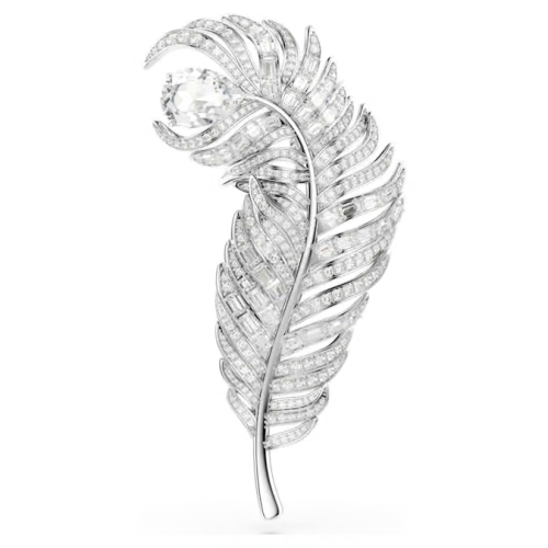 Vienna brooch Mixed cuts, Feather, White, Rhodium plated