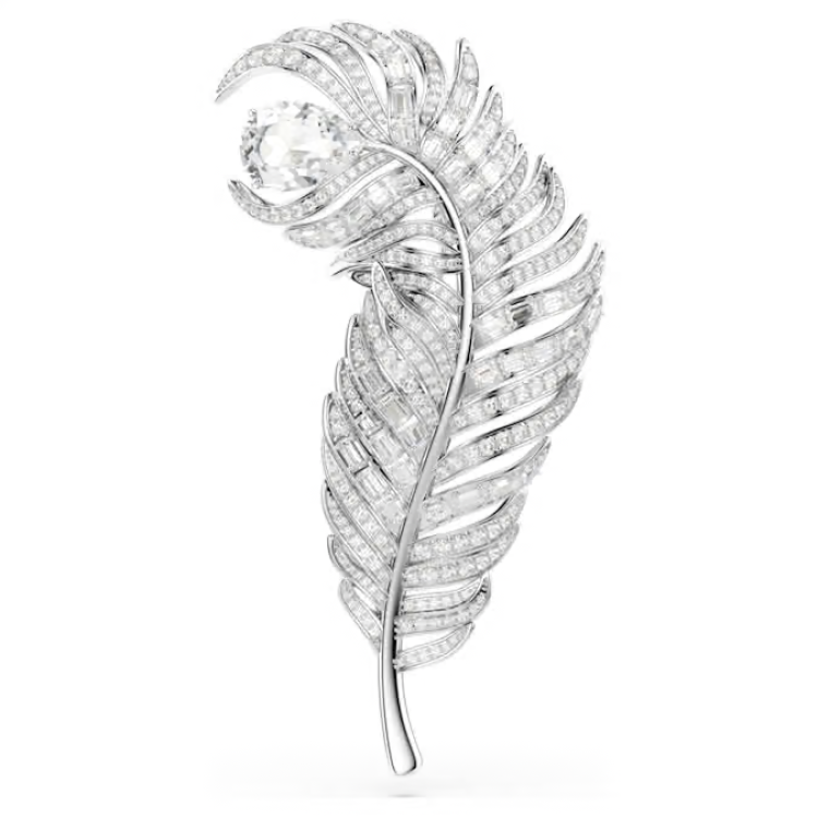 Vienna brooch Mixed cuts, Feather, White, Rhodium plated