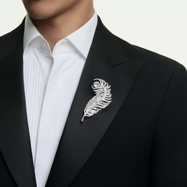 Vienna brooch Mixed cuts, Feather, White, Rhodium plated