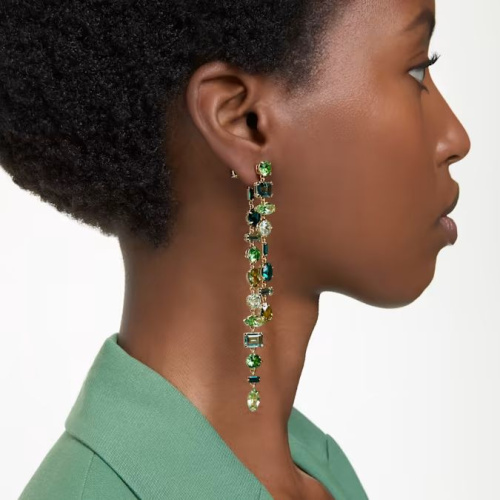 Gema drop earrings Asymmetrical design, Mixed cuts, Extra long, Green, Gold-tone plated