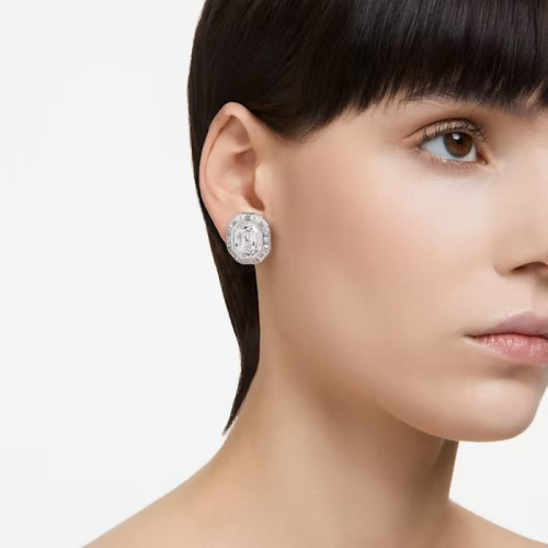 Mesmera clip earrings Octagon cut, White, Rhodium plated