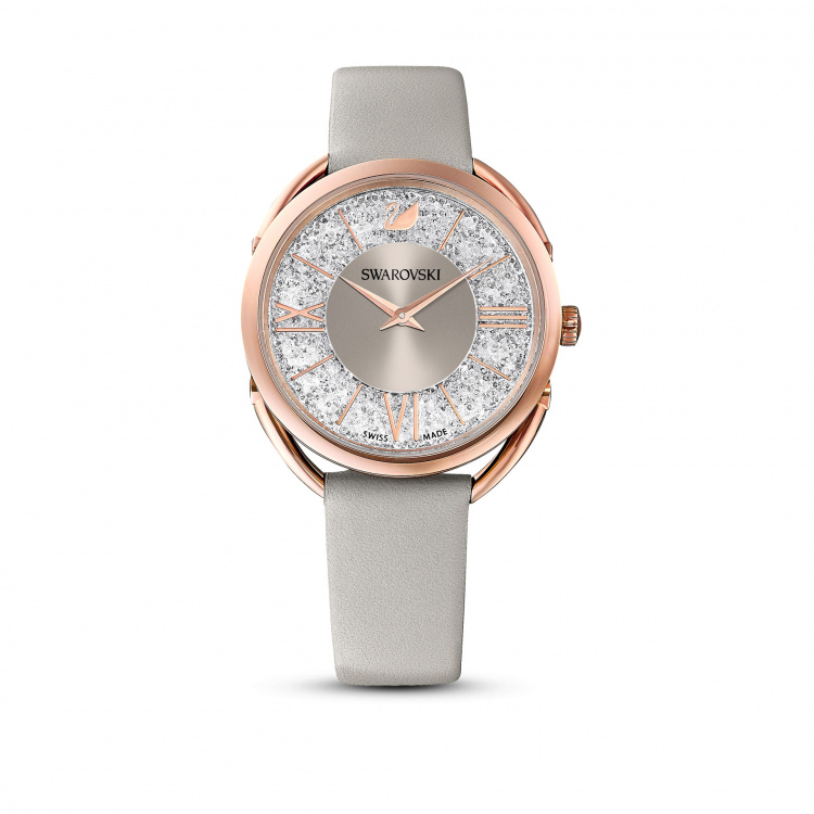 Crystalline Glam Watch, Leather Strap, Gray, Rose-gold tone PVD