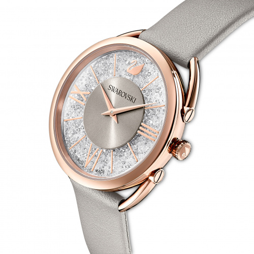 Crystalline Glam Watch, Leather Strap, Gray, Rose-gold tone PVD