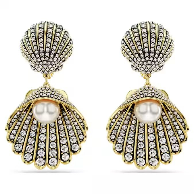 Idyllia clip earrings Crystal pearl, Shell, White, Gold-tone plated